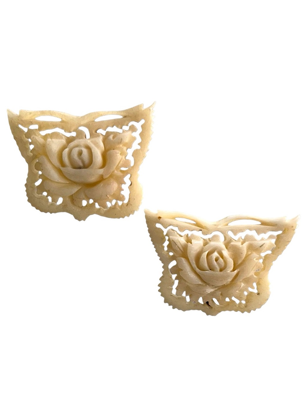 Vintage Mid-Century Bone Earrings Carved | Ivory Butterfly & Rose Screw Back